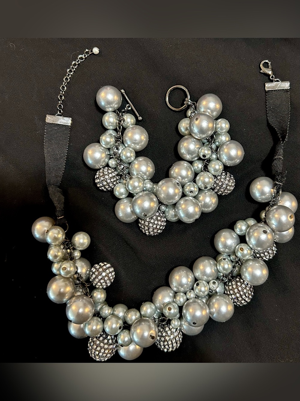 Statement Silver Pearl Cluster Necklace and Bracelet Set